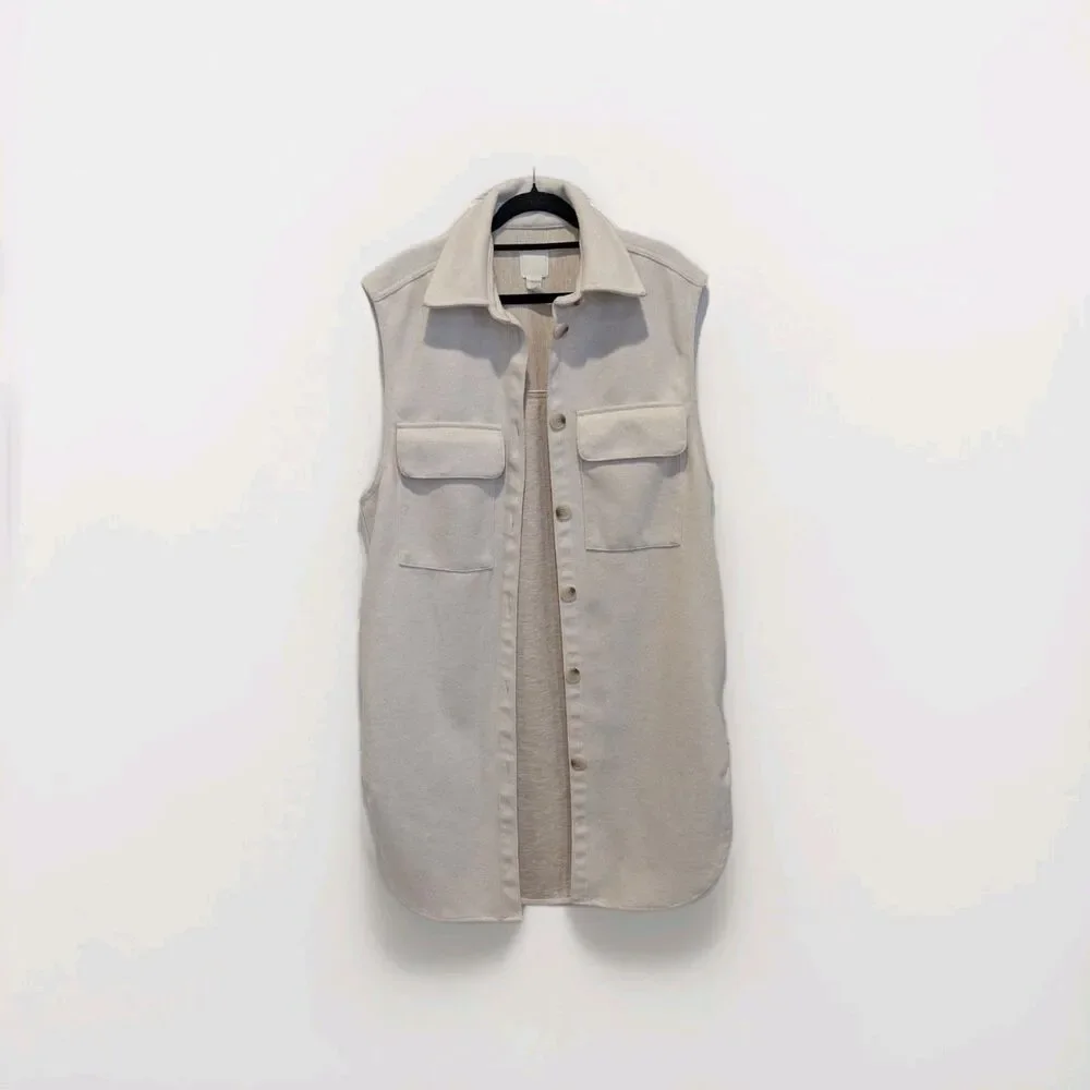 H&M Cream Longline Shacket Vest Minimalist Cozy Chic Button Front Layering‎ XS
